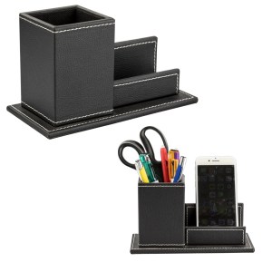 MULTIORGANIZADOR PARA ESCRITORIO EN CURPIEL, INCLUYE LAPICERA Y BASE PARA CELULAR O TARJETAS. SEREN - (F-O-029)