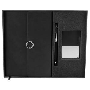 SET GOYAN NEGRO 62200 N (CURPIEL LIBRETA / ACERO INOXIDABLE BOLÍGRAFO / METAL TARJETERO)(P)