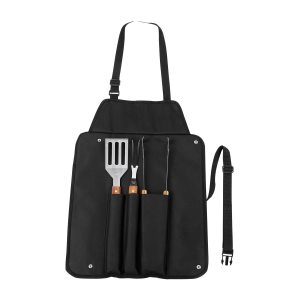 SET BBQ TAROUDANT NEGRO BBQ 011 N (ACERO INOXIDABLE Y MADERA UTENSILIOS / POLIÉSTER MANDIL)(P)