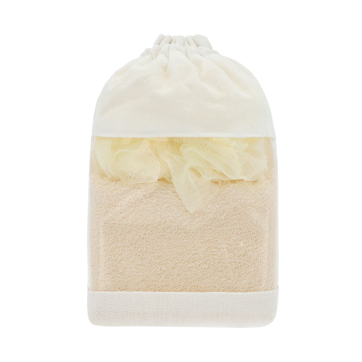 KIT DE BAÑO ADRI BEIGE DAM 026 BE (POLIÉSTER ESPONJAS / ALGODÓN Y PVC BOLSA / PIEDRA PÓMEZ)(P)