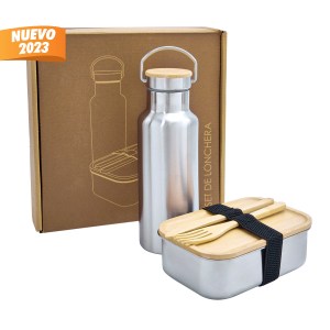 SET DE LONCHERA Y TERMO PLATA KTC 201 S (ACERO INOXIDABLE / BAMBÚ)(P)