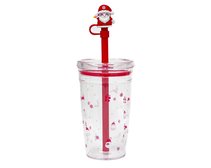 Vaso de Plastico de 450 ml. con Popote de Santa Claus Noel A3191 Rojo (Plastico ps / silicon / plastico pvc / A3191.04 / articulos promocionales)