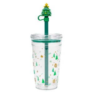 Vaso de Plastico de 450 ml. con Popote de Arbol Navideno Holly A3192 Verde (Plastico ps / silicon / plastico pvc / A3192.06 / articulos promocionales)