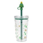 Vaso de Plastico de 450 ml. con Popote de Arbol Navideno Holly A3192 Verde (Plastico ps / silicon / plastico pvc / A3192.06 / articulos promocionales)