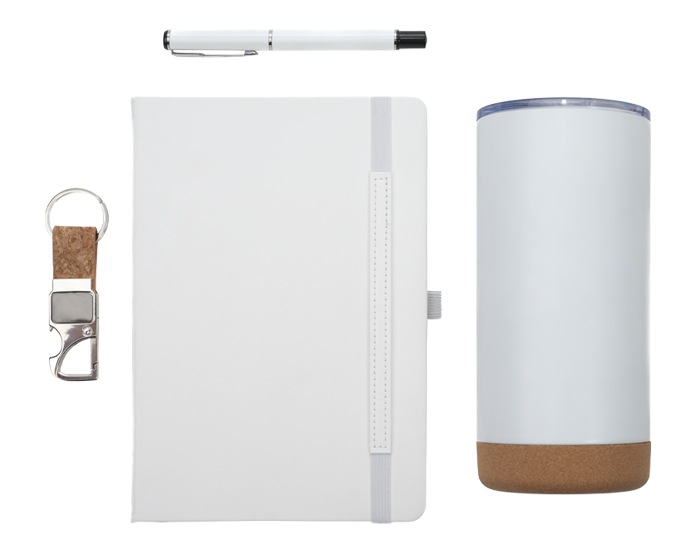 Set de Regalo Londres A3193 Blanco (Termo: acero inoxidable y corcho / libreta: pu / boligrafo: aluminio / llavero: acero inoxidable y corcho. / A3193.01 / articulos promocionales)