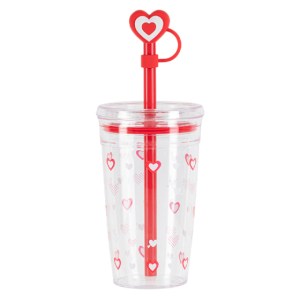 Vaso de Plastico con Popote de Corazon de 450 ml. Valentine A3204 Rojo (Plastico ps / silicon / plastico pvc / A3204.04 / articulos promocionales)