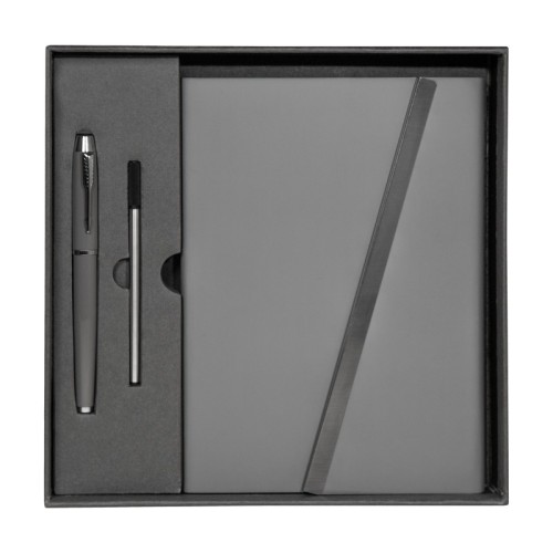 HL-9041-G_1 Set Libretas Set de Libreta Jinsei Gris HL 9041 G Gris (HL9041G – curpiel y metal libreta / acero inoxidable boligrafo – articulo promocional)