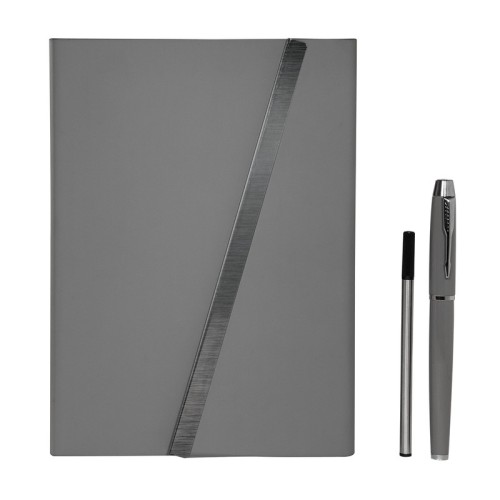 HL-9041-G_2 Set Libretas Set de Libreta Jinsei Gris HL 9041 G Gris (HL9041G – curpiel y metal libreta / acero inoxidable boligrafo – articulo promocional)